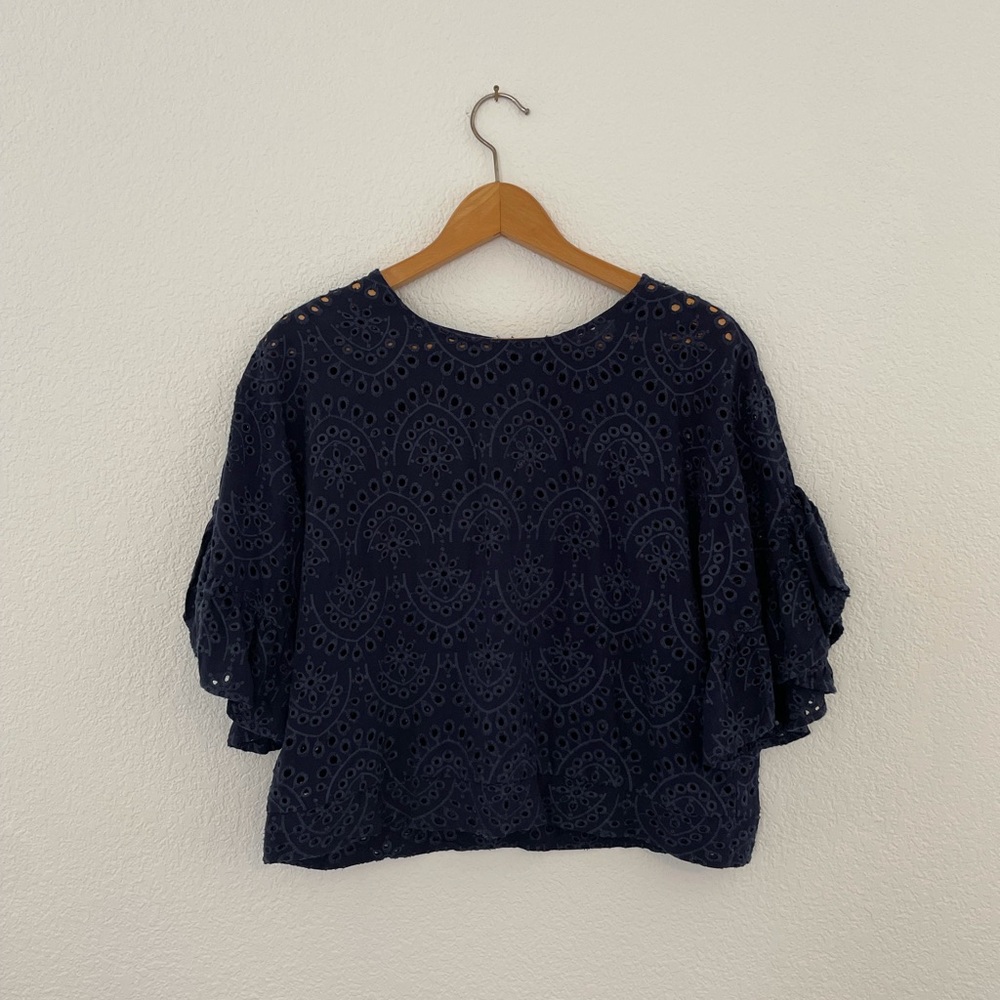 Olivaceous Heavy Lace Blouse with Ruffle Sleeves